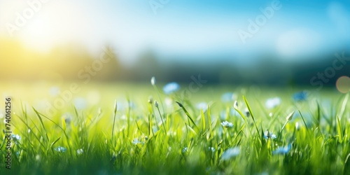 A field of grass with beautiful blue flowers. Ideal for nature and spring concepts