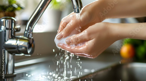 Hands lathering soap under running tap water.