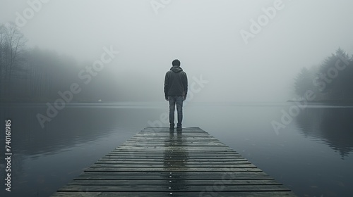 A person standing on a dock in the fog, suitable for various concepts and designs