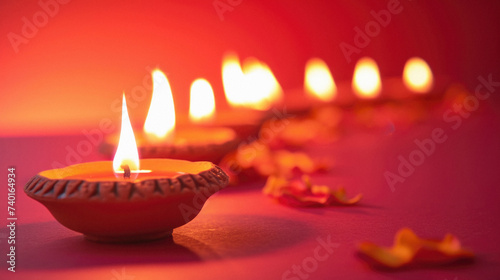 Happy Diwali - Clay Diya lamps lit during Diwali celebration