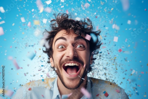  Close-up photo of a mischievous grin on someone's face as they prepare a bucket of confetti for an April Fools' Day surprise, set against a soft pastel blue background