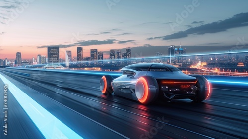 autonomous car on a test track, displaying speed and agility with a city skyline in the background, symbolizing progress and innovation
