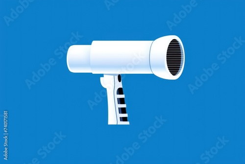 Professional blow dryer on vibrant blue backdrop, ideal for beauty and haircare concepts