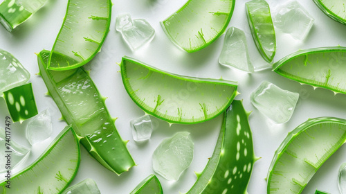 Aloe vera slices with ice cubes isolated on white background .