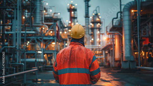 A back view of an engineer in high-visibility clothing observing the illuminated complex of a refinery at night, representing industry, safety, and technology.
