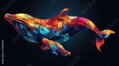 Stained glass window background with colorful Whale abstract