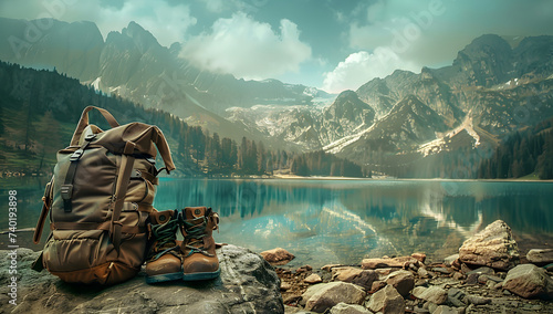 An illustration featuring a backpack and hiking boots placed on the shore of a lake, with majestic mountains in the background. The concept of hiking and travel adventures.