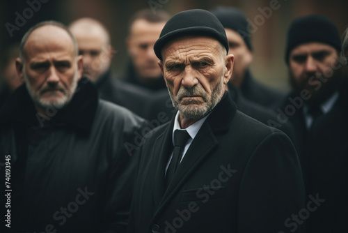 Funeral scene picture of sad depressed people crying farewells at cemetery