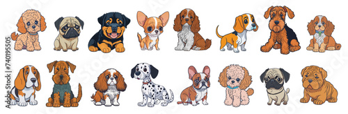 Cute dogs, puppies of different breeds set. Canine animals, diverse little doggies. Poodle, bulldog, pug, dalmatian, shar-pei, rottweiler, terrier. Vector illustration isolated on white background.