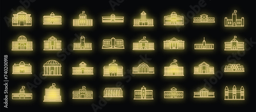 Parliament building icons set. Outline set of parliament building vector icons neon color on black