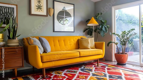 A mid century modern guest room with a retro sofa in mustard yellow, adding a playful pop of color to the decor