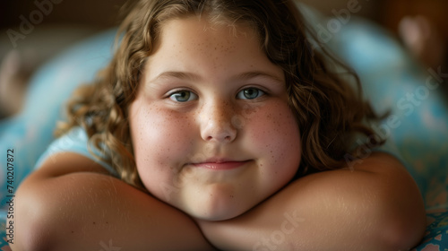 Caucasian girl with overweight. Childhood obesity. Generative AI.