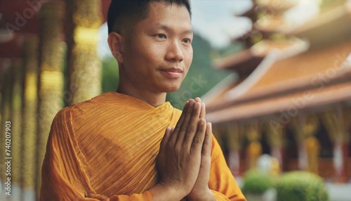 Thai Buddhist monk close up with folded palms praying. A young Buddhist monk