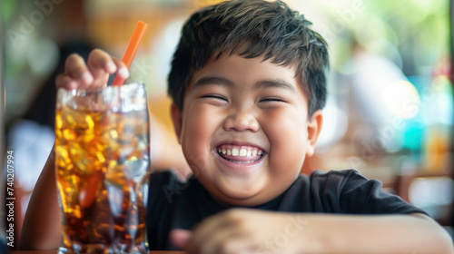Asian boy with overweight holding a soda. Childhood obesity. Generative AI.
