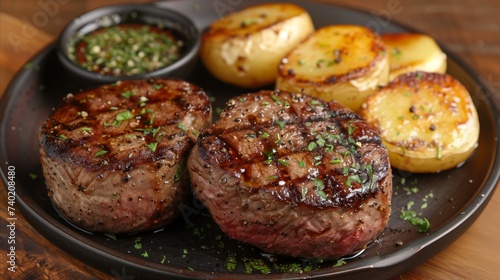 Grilled steak and potatoes on a restaurant plate