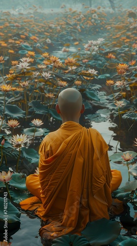 A Buddhist monk on his back in the lotus position immersed in meditation while contemplating a surreal landscape. Illustration of a monk sitting meditating on the heart in the calm lake.