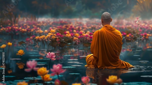 A Buddhist monk on his back in the lotus position immersed in meditation while contemplating a surreal landscape. Illustration of a monk sitting meditating on the heart in the calm lake.
