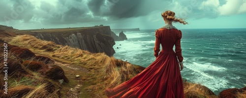 Breton dress by Brittany's sea cliffs, windswept, rugged beauty