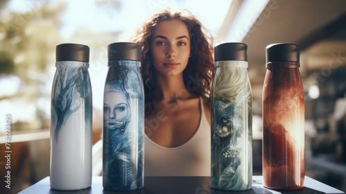 Woman Sitting in Front of a Row of Water Bottles