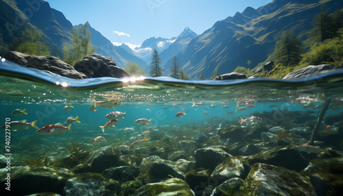 fish swim in a transparent mountain river. 
