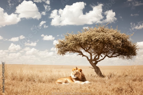 A powerful lion is seen laying under a tree in a vast savannah field. The lion appears calm and relaxed, blending into the natural surroundings of the grassy landscape