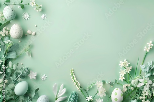 Happy Easter Eggs Egg shaped candies. Bunny hopping in flower Unfilled space decoration. Adorable hare 3d natural rabbit illustration. Holy week easter table runners card primroses