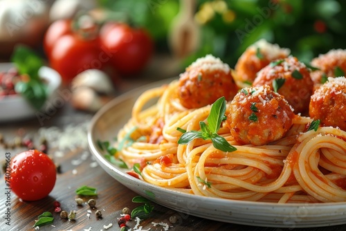 Indulge in a classic italian comfort food with a hearty plate of spaghetti and meatballs, topped with a rich tomato sauce and sprinkled with fresh vegetables, making it the perfect indoor meal for an