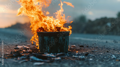 Trash receptacle ablaze, stark flames against an immaculate background.