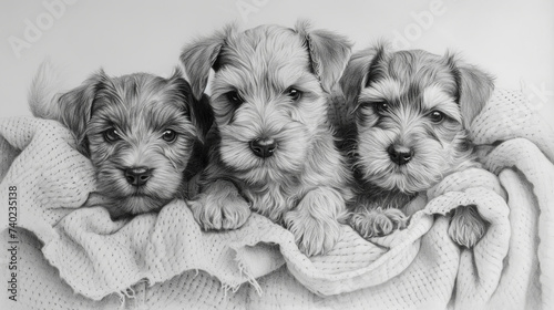 Pencil drawing cute schnauzer puppies