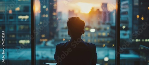 a man looking out window at city