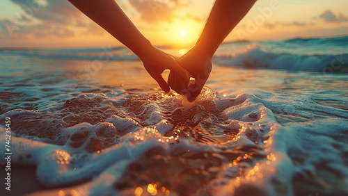 Close up of man and woman hand holding together with beautiful beach background. With Generative AI