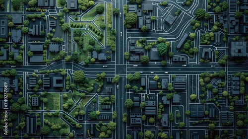 cadastral map with buildings, roads, and free green land for construction.