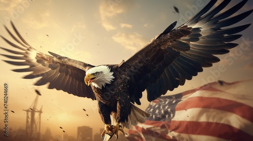 eagle flying in the sky holding an american flag in its talons.