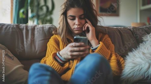 A thoughtful young woman sitting on a sofa, using her mobile smartphone with a concentrated expression