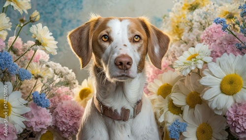 cute Harrier dog in the dreamy floral garden