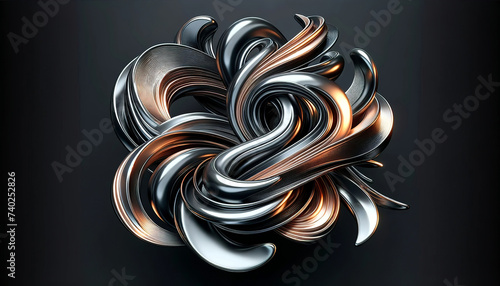 A complex, intertwined metallic structure with a silky sheen, featuring copper and silver colors, suggesting a luxurious and modern abstract art piece.Background concept.AI generated.