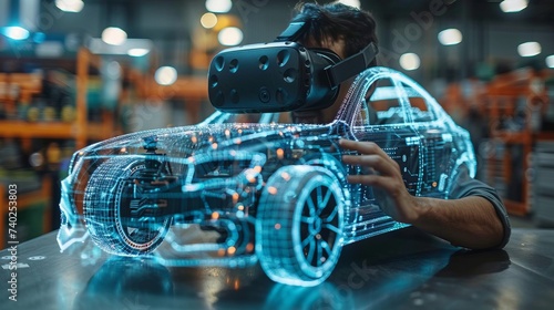 Wearing VR Headset Automotive Engineer Working on Car Prototype