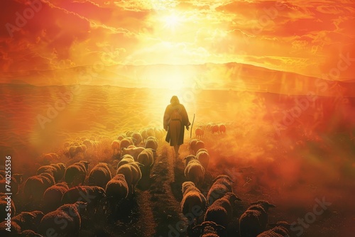 Shepherd themed illustration of jesus christ guiding sheep Set against a backdrop of prayer and divine light Symbolizing spiritual leadership and guidance.