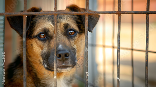 A homeless dog sits in a cage, waiting for freedom. Concept template about animal shelters, mercy and care for puppies.