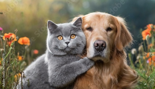 cute dog and cat hugs in the floral garden
