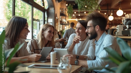 A joyful event with friends sharing laptops around a table, enjoying leisure time, having fun conversations, and smiling. AIG41