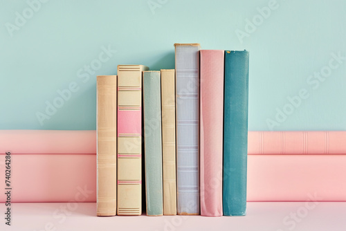 stack tower of books with blank spine mockup in bright pastel colours pink blue in magazine editorial photography for education, study productivity library reading reader 