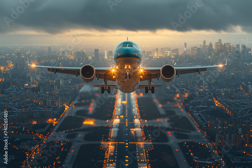A cargo airplane taking off from a bustling airport, connecting global supply chains. Concept of air freight. Generative Ai.