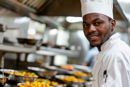 Jeune chef cuisinier noir dans les cuisines d'un restaurant » IA générative