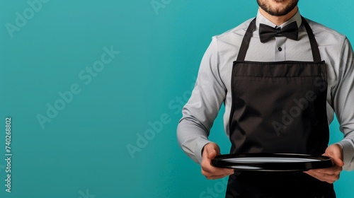 Buste d'un serveur avec un plateau sur fond turquoise » IA générative