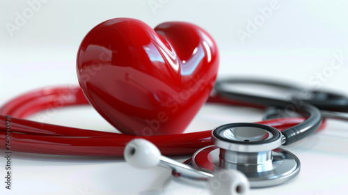 red heart-shaped object alongside a blue stethoscope against a white background, symbolizing healthcare, cardiology, and medical professions.