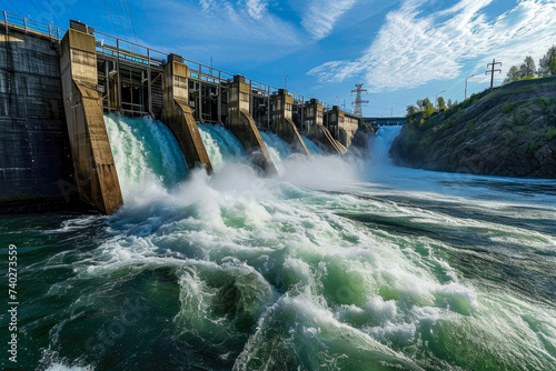 hydroelectric dam on a river with water flowing through the turbines