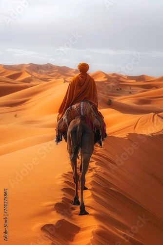Beduin riding a camel in the desert 