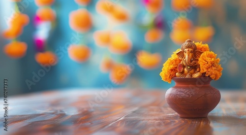 Carved statuette of Ganesha in a clay jug with flowers, on a blurred background. Religion and culture. For banners, wallpaper, background, celebration. With copy space. Bokeh, close-up, still life. 