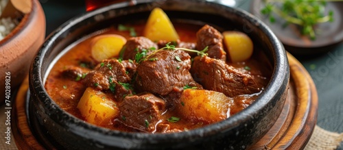 A close-up view of a traditional Hungarian meal, featuring a bowl of beef goulash stew and soup made with beef chuck steak, potatoes, and paprika, placed on a table.